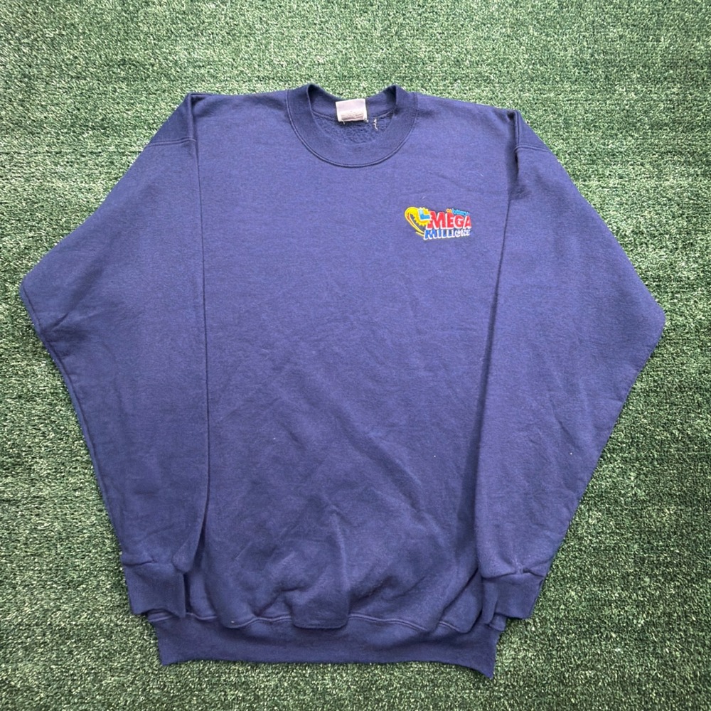 VTG STYLE Port and Company Mens Mega Millions Lottery Sweatshirt Navy Blue Large